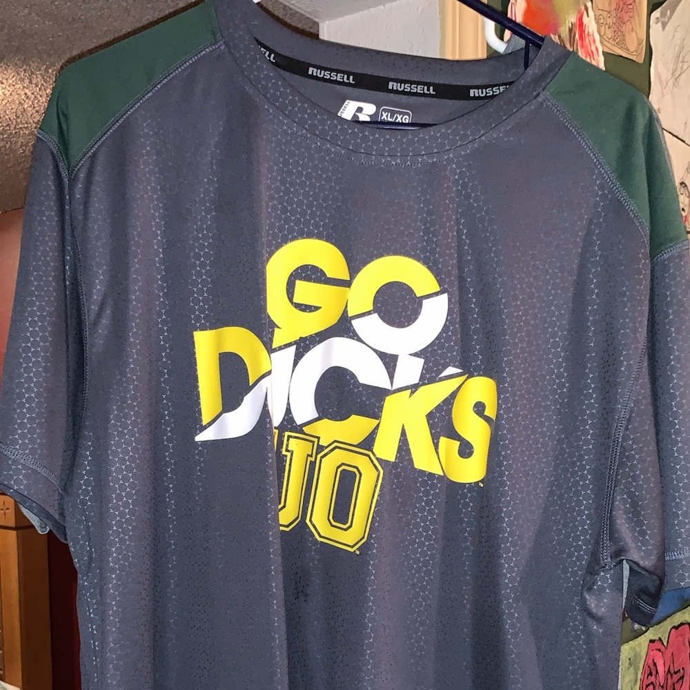(2) RUSSELL OREGON DUCKS polyester shirts size XL